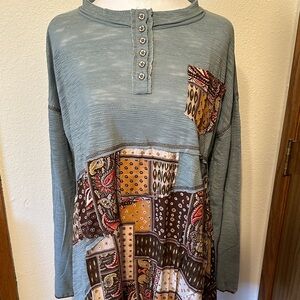 POL NWOT Blue and Brown Patchwork Button Down Shirt